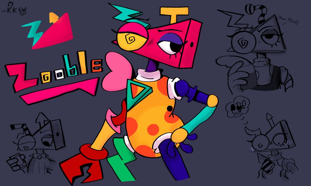 Zooble from The Amazing Digital Circus with her name and 3 doodles.