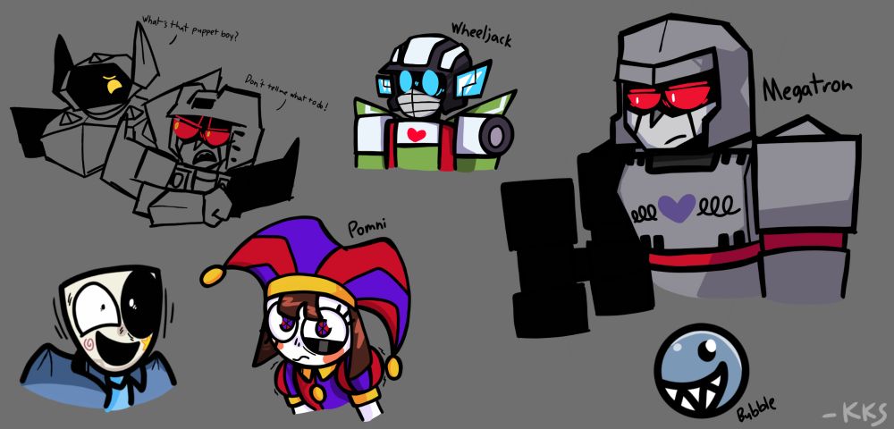 Shockwave, Starscream, Megatron, and Wheeljack from Transformers along with Pomni, Gangle (From Episode 4) and Bubble from The Amazing Digital Circus.