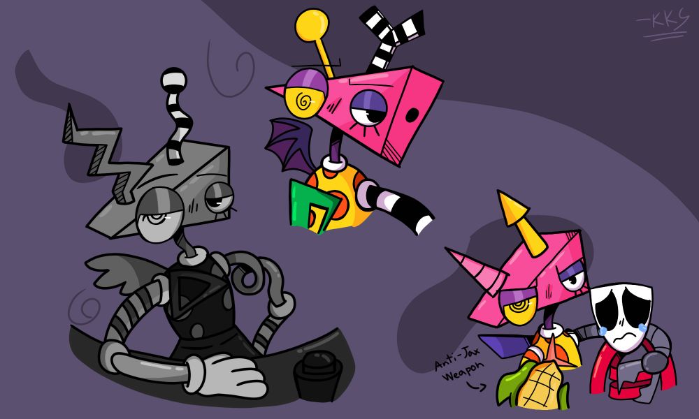 3 different artworks of Zooble.
-Zooble's appearance in the bar scene in ep5 of TADC.
-Zooble's appearance on their door icon.
- Zooble protecting Gangle while pointing corn at.......(I dunno a rabbit?)