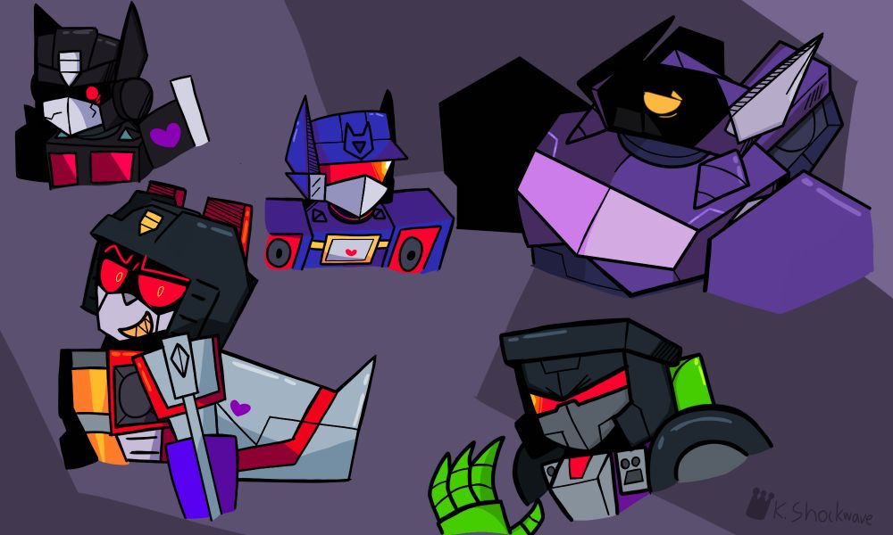 Decepticons from the Transformers.
-Soundwave
-Shockwave 
-Starscream 
-Scrape..I mean Scrapper
-Nemesis Prime