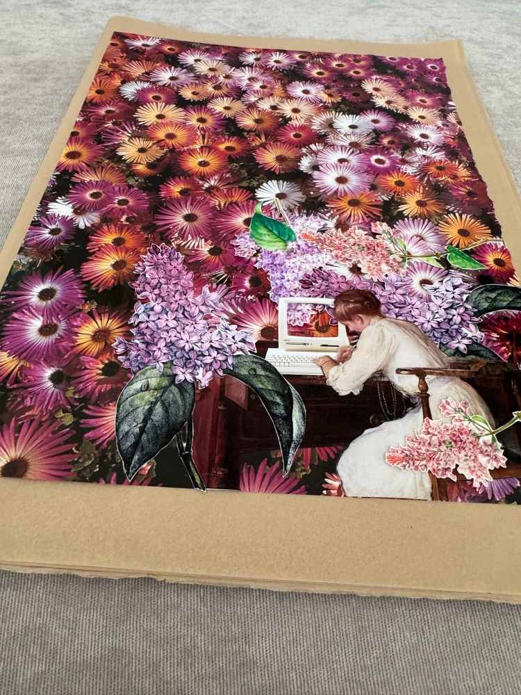 A collage on a page of flowers with an old fashioned woman at a desk looking at a computer with its screen missing and flowers poking through 