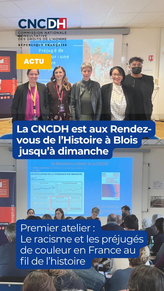 Photos de intervenants et titre de l'atelier : "Le racisme et les préjugés de couleur en France au fil de l’histoire" 