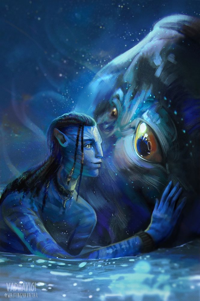 A digital painting of Lo'ak and Payakan, from the movie Avatar the way of Water, in the sea together and under a starry sky