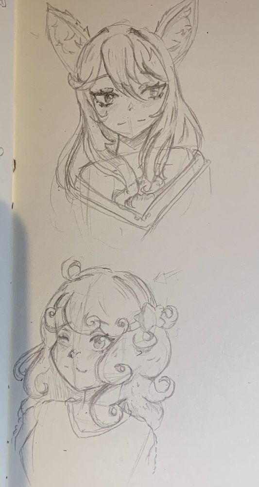 Headshot drawings of Fugue from Honkai star rail and a original character of the account owner 