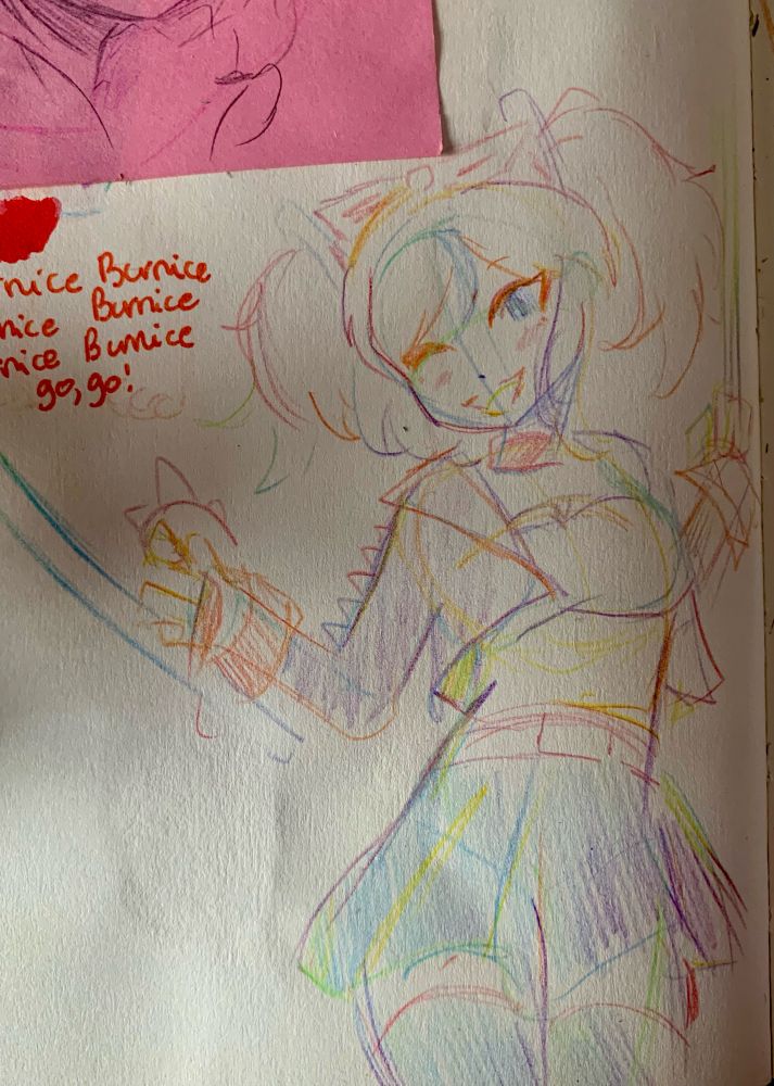 A sketch of Burnice from zenless zone zero made in a rainbow pencil 