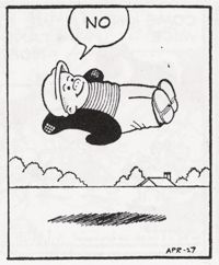 Slugo, the little dude with a flatcap from the comic "Nancy", is floating in the air and simply saying "NO".