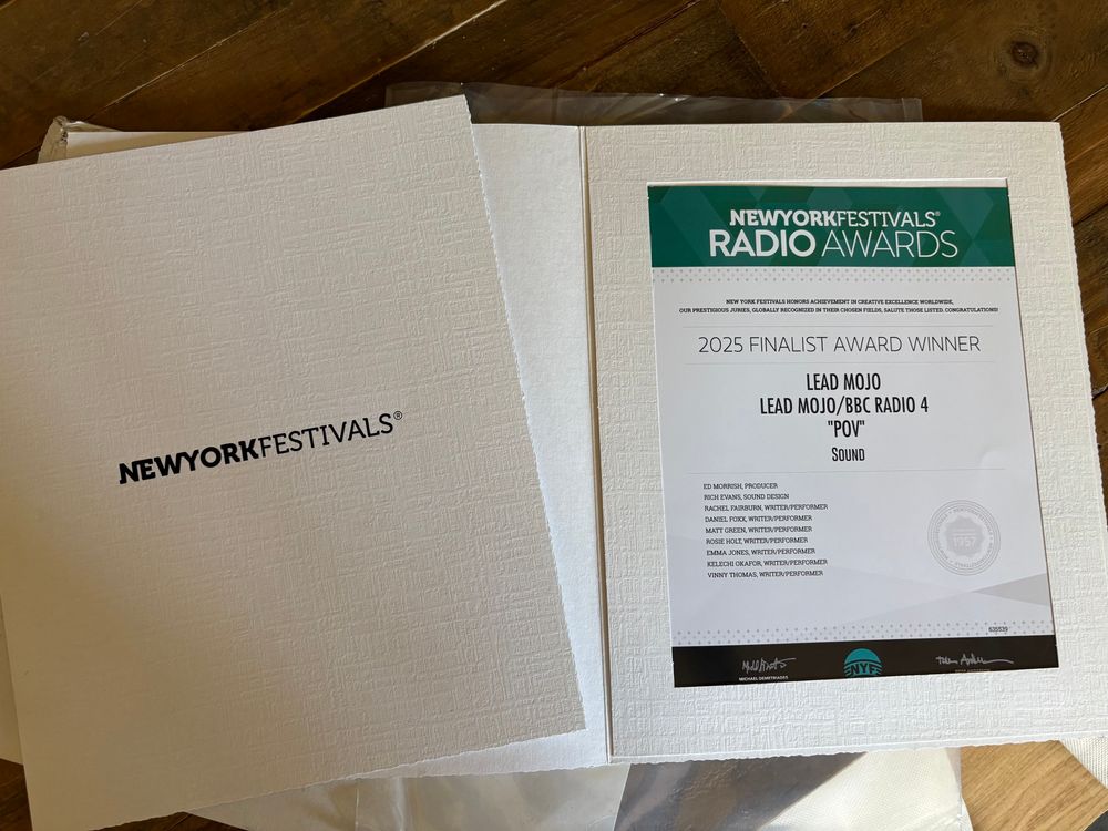 A certificate for P.O.V. being named as a finalist in the New York Radio Festival “Sound” category.