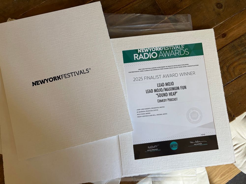 A certificate for Sound Heap being named as a finalist in the New York Radio Festival “Best Comedy Podcast” category.