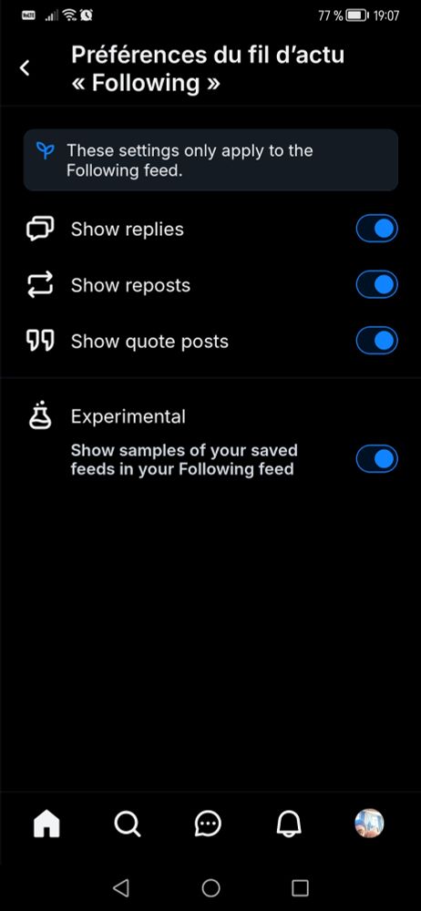 Image de l'écran des preferences du fil dactu following
On peut choisir d'afficher ou non les réponses, afficher les reposts, les citations
Enfin un mode experimental permet de mixer le fil Following avec des échantillons de vos autres fils suivis