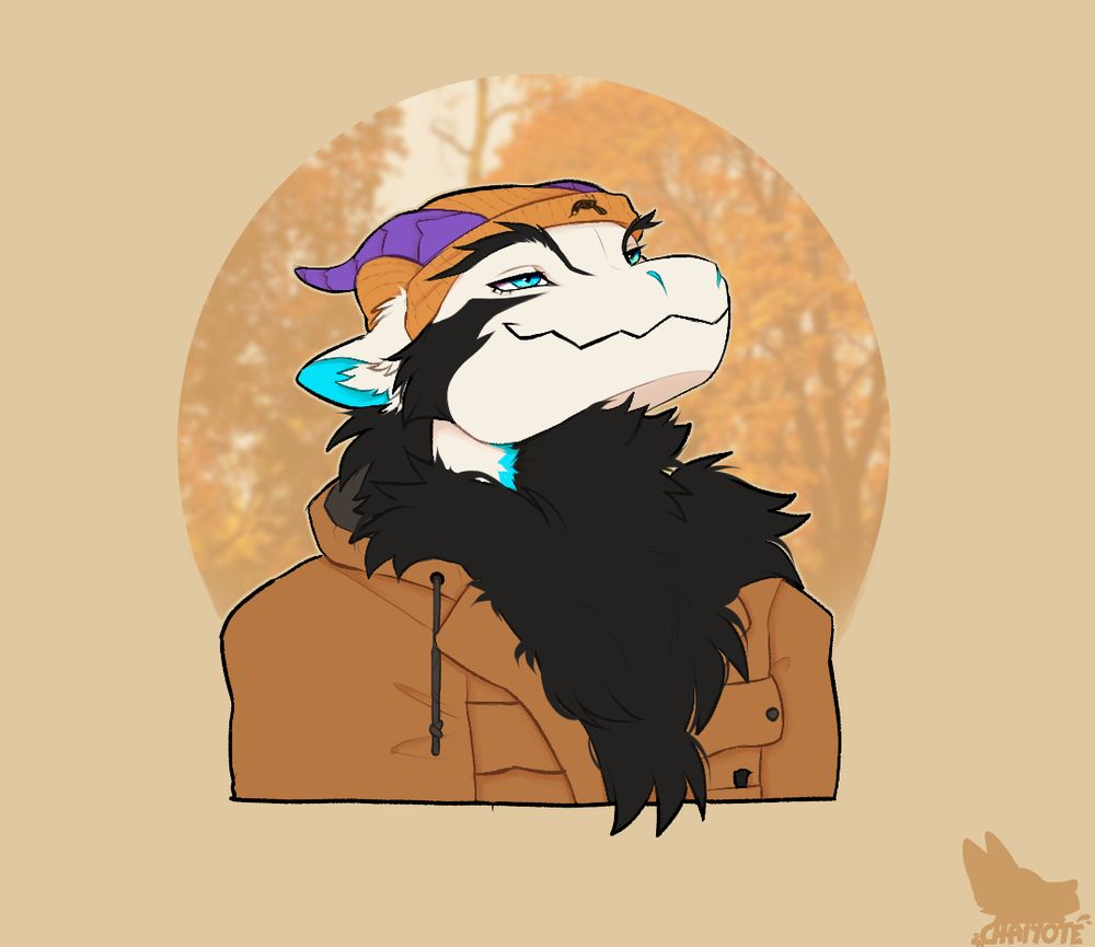 white, black, and electric blue eastern-styled anthro dragon with distinct purple horns wearing an orange beanie and brown hooded jacket. He is looking slightly upwards and smiling. 