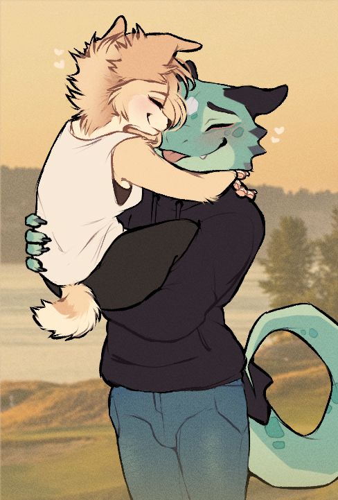 My fursona, an anthro chihuahua named Bea being picked up by my boyfriend's fursona, an anthro dragon with bulbasaur motifs. They look happy and there are small hearts around them.