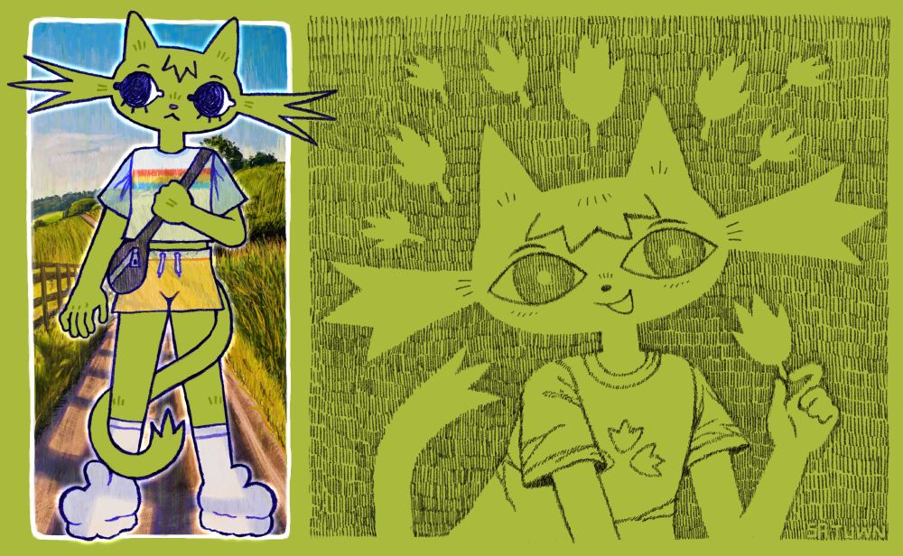 on the left is a full body drawing of an anthro green cat wearing a t-shirt and shorts, in the background is a painting of a dirt road in the countryside during the daytime. on the right is the same character in a monochrome style where the character and leaves are outlined by short repeated upright lines (reminiscent of the style of wood burning art)