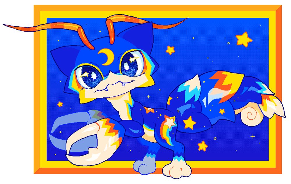 a digital full body drawing of a crustacean-like raptor character with moon and star markings, the background is a rectangle with the same colors as the character (light and dark blue gradient, framed by yellow, then by two shades of orange) the character is looking at the viewer while its body is side facing