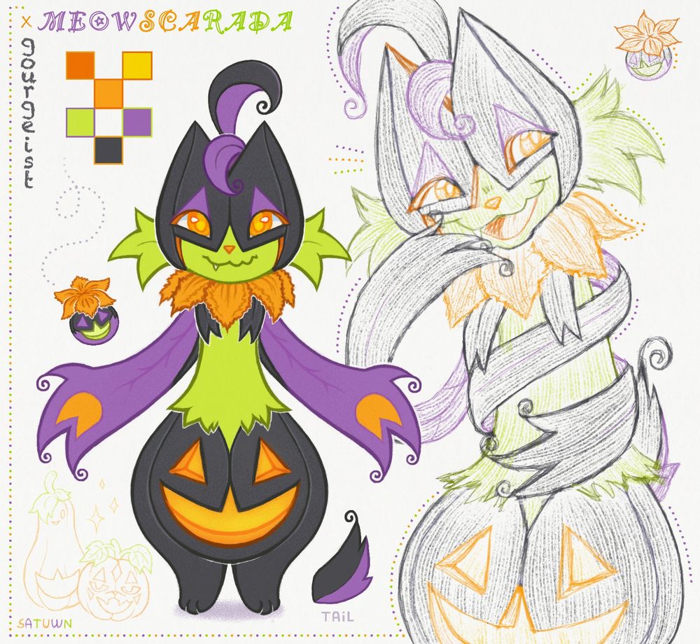 a digital drawing of a fusion of two pokemon - meowscarada, a green anthropomorphic plant-themed cat, and gourgeist, a pumpkin-based creature. it has a cat-like upper body with a dark grey pumpkin mask on its face, its lower half is a pumpkin with two legs and a carved out pumpkin face. a clean colored fullbody drawing is on the left, on the right is a sketchy half-body drawing of the character. the text says meowscarada (horizontal top) x gourgeist (vertical left)