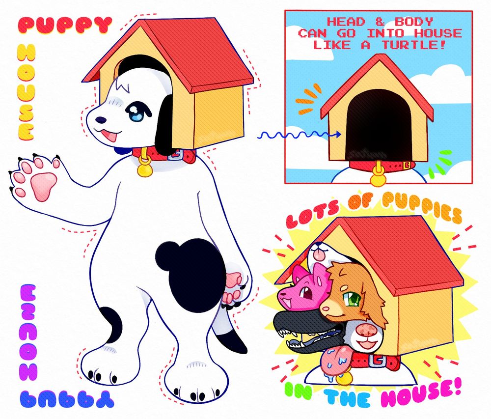 on the left is a fullbody drawing of an white anthro dog with black spots and a doghouse on its head. on the right are two headshots of the same character, the top depicting its head going into the house like a turtle, the bottom one depicting different types of dog heads sticking out of the house with the text 'lots of puppies in the house!'