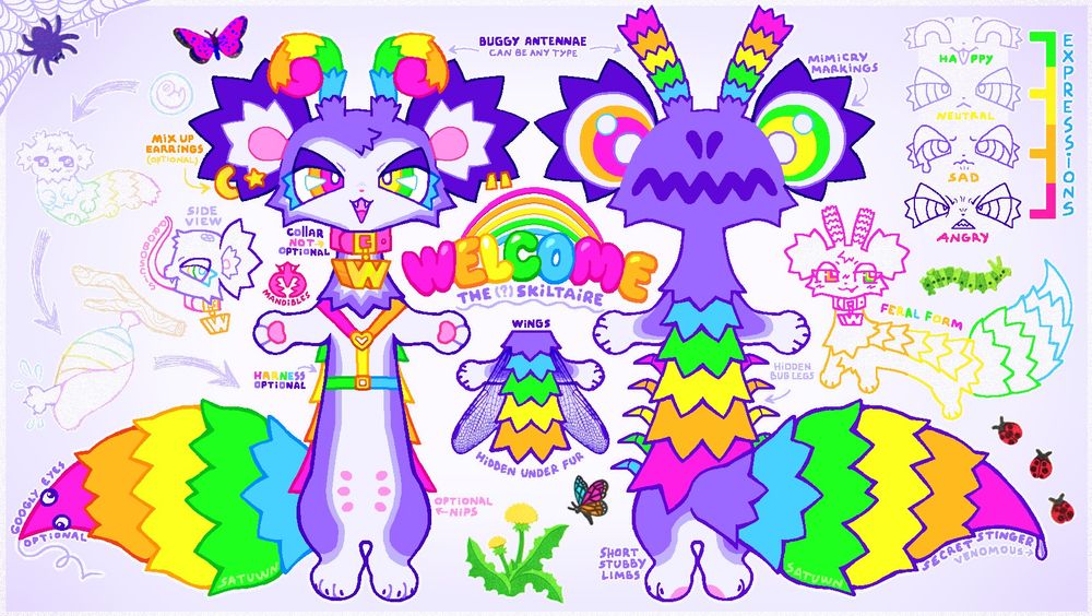 a detailed front and back view reference sheet drawing of an anthropomorphic colorful ferret with bug-like features named Welcome. the drawing has her life cycle from egg to hatching, some additional traits and features, like wings, bug legs on her torso, etc., an expression chart from happy to angry, her feral form and accessories. the drawing is decorated with sandy lion stickers of bugs