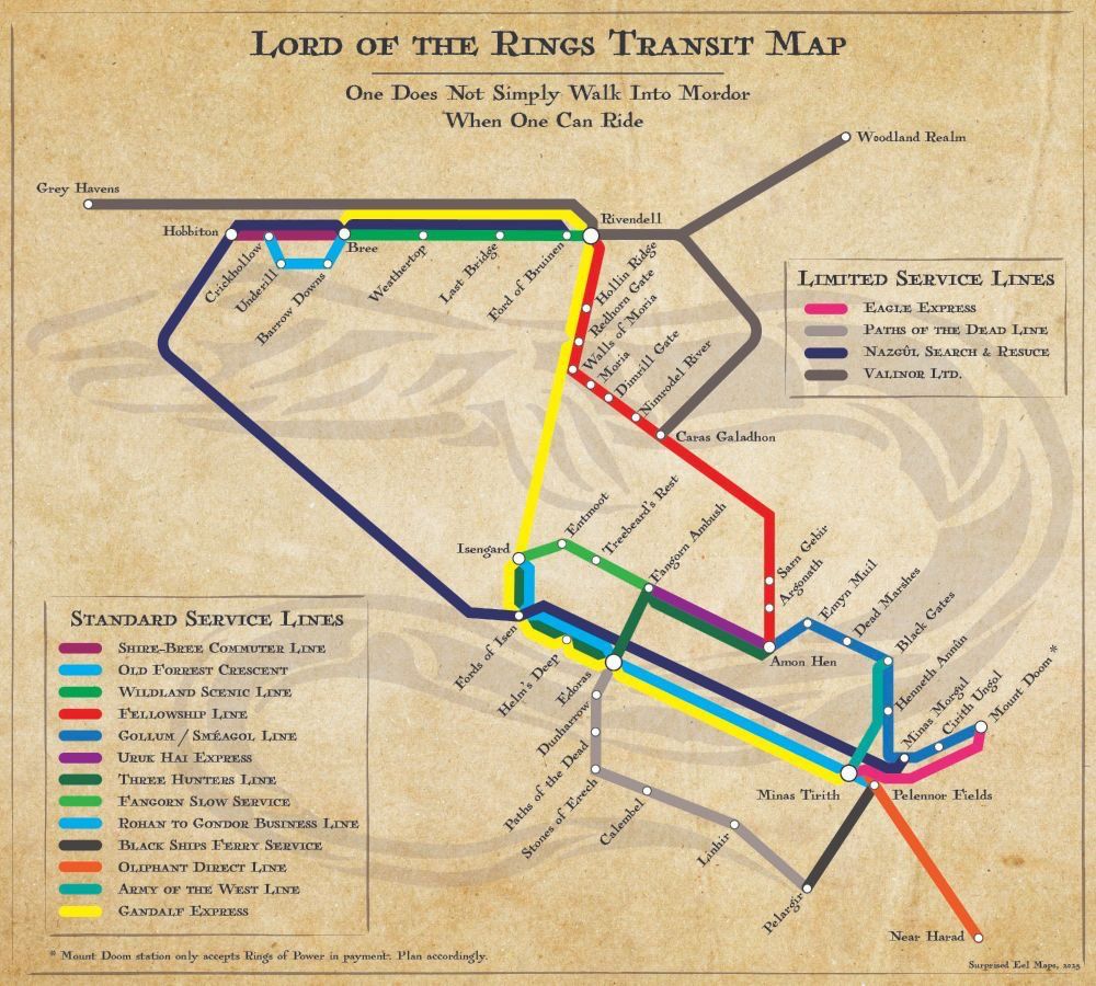 Subway map for an imaginary transit system based on Lord of the Rings. 