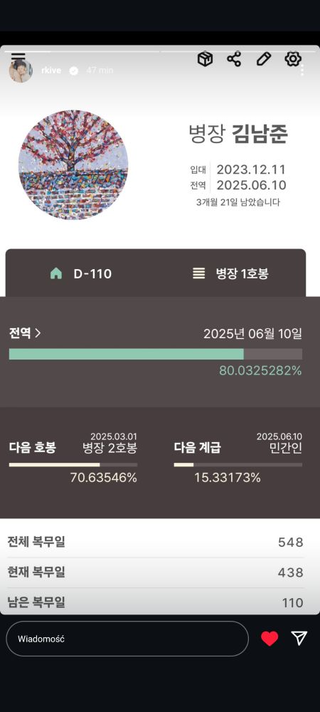 screenshot from military app with 110 days left for Namjoon of BTS to be done with military