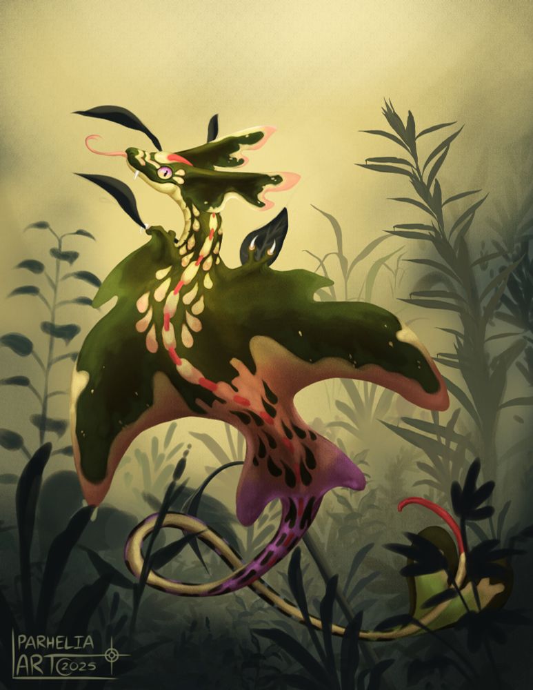 Wyrm of Paradise for wolfrayetlaw
Bsky: wolfrayetlaw.com
A fullbody digital painting of a small, colorful draconic creature perched atop a particularly sturdy plant stalk. The wyrm is surrounded by other grasses, some taller than the character itself, to illustrate scale. The front half of the wyrm’s body is dark green with yellow spots; a multicolored gradient begins near the bottoms of the creature’s wings and tail fan, continuing all the way down its very long, serpentine tail. #fantasy