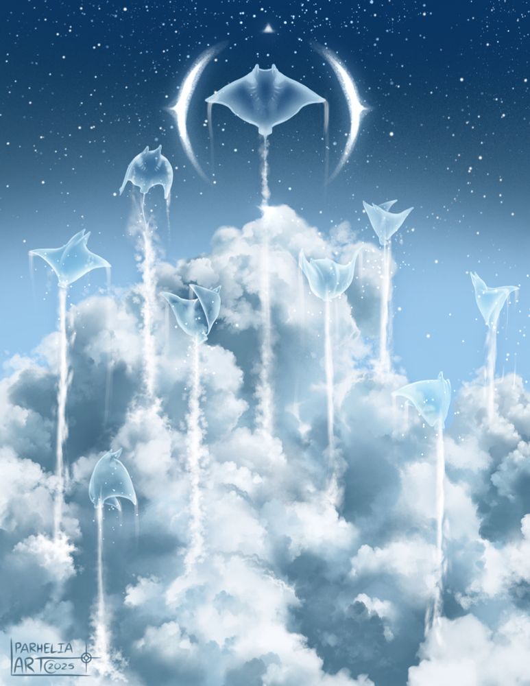 A digital painting of a large, puffy cloud. Nine translucent spirit mobula rays, which resemble manta rays, leap from the clouds and reach for the dark, starry sky above. #parhelia