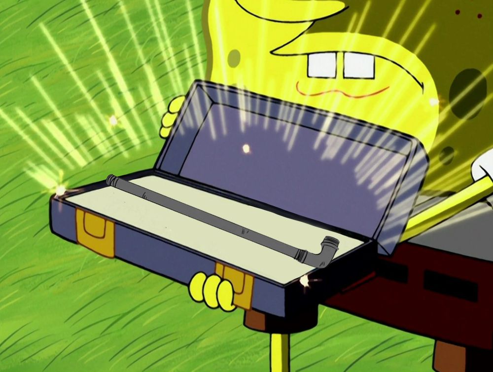 Spongebob opening the box and instead of a net like in the original screenshot, it has been edited to contain a pipe.