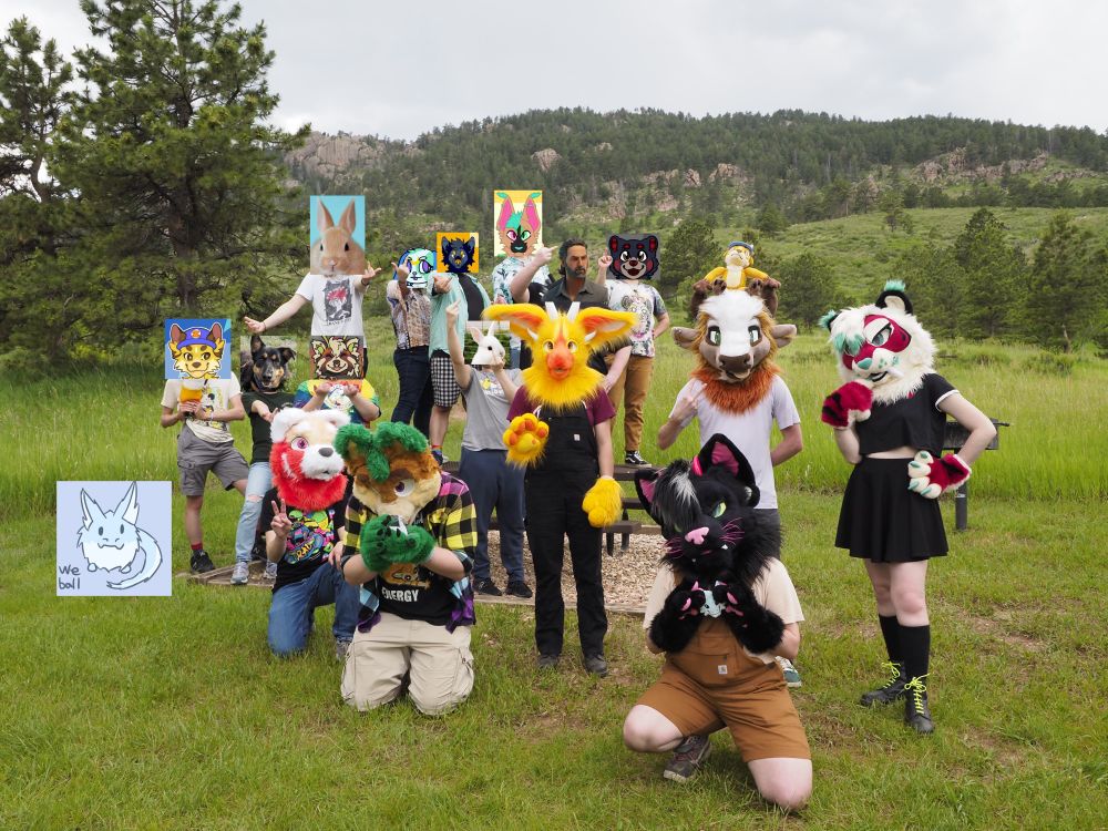 A group photo of some fursuiters in front of some hills and mountains. 