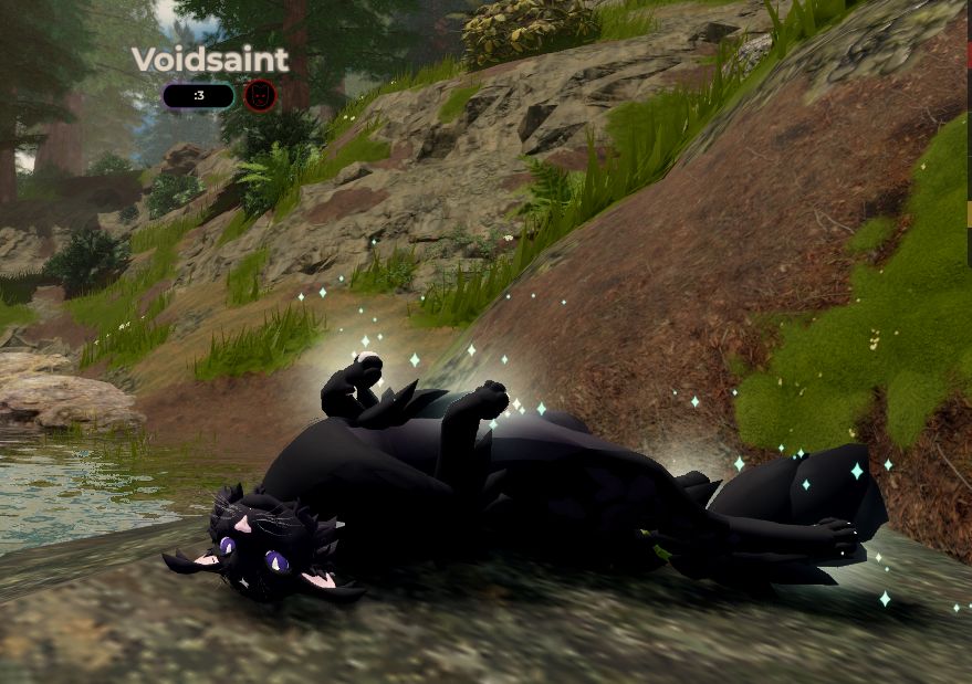A screenshot of a Warriors inspired Roblox game featuring a black cat character laying on his back, with sparkly stars around him. 