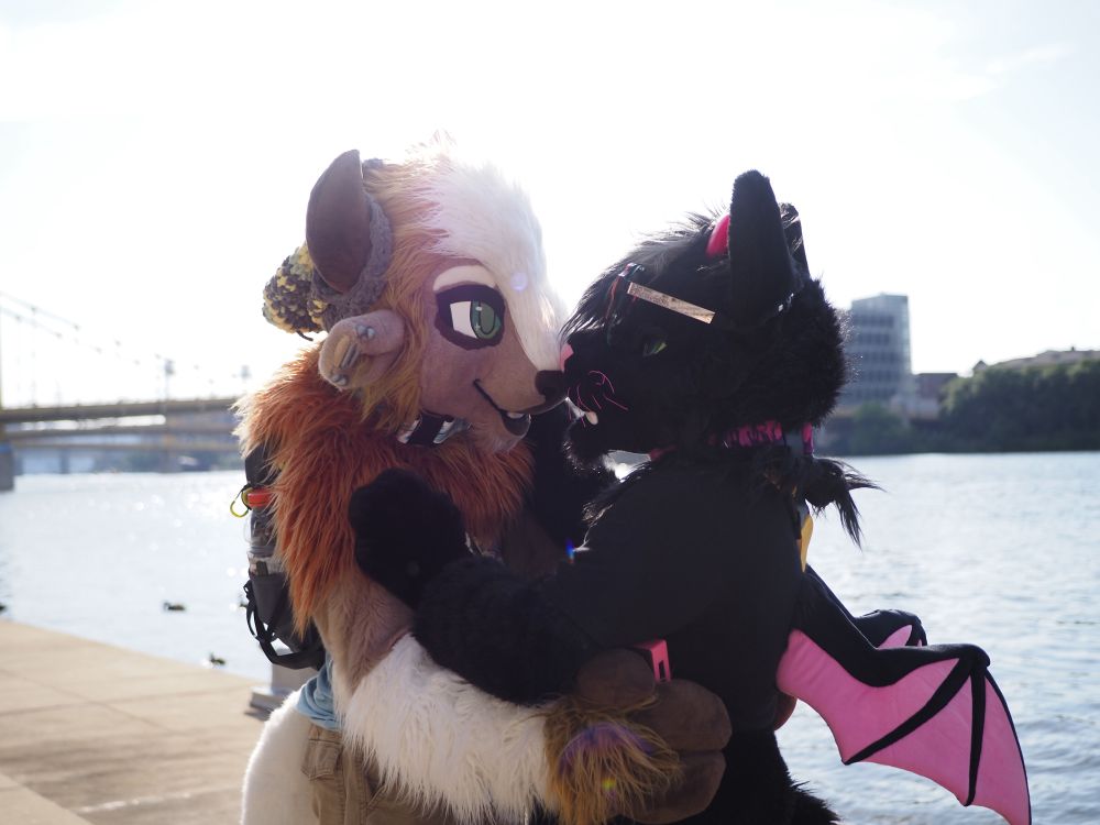 A photo of 2 fursuiters, Blanc the bison and Darkstar the demon cat, embracing and touching noses in front of the waterfront. 