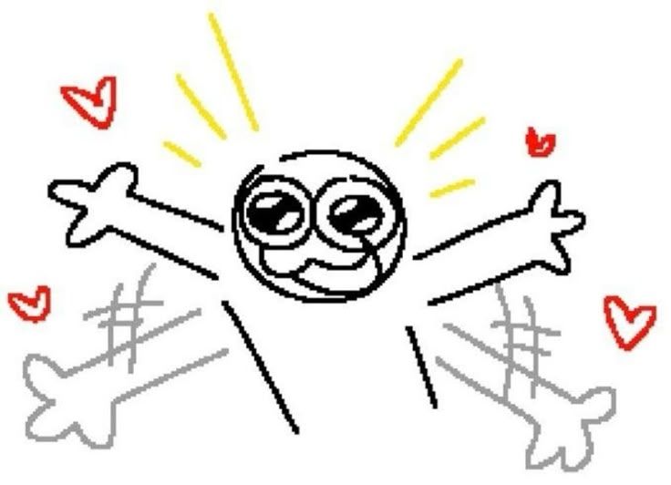 a doodle of someone waving their arms up and down in excitement, with four hearts surrounding them. Their expression is very happy, the eyes shining and their mouth open in a silly smile