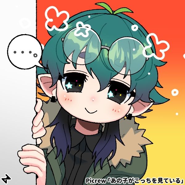 picrew of my online persona. The character has elf ears and a closed v shaped smile. Soft eyes with star light sparkles, with glasses on top of its forehead. their hair is green with the bottom hair tipped dark blue. they're wearing simple black earrings and a fur hooded jacket on top of a black button-up. The character is depicted as if peeking from  behind a wall, with a text bubble showing an ellipse. the background is an orange to yellow gradient.