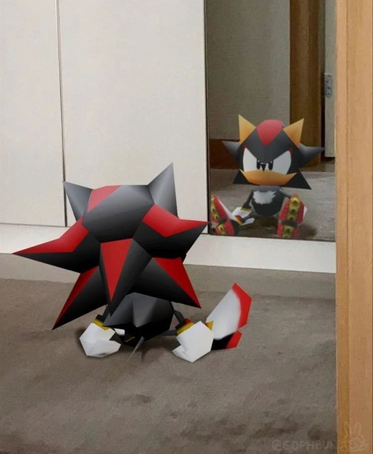 A low poly shadow sitting on the floor looking at himself in front of the mirror