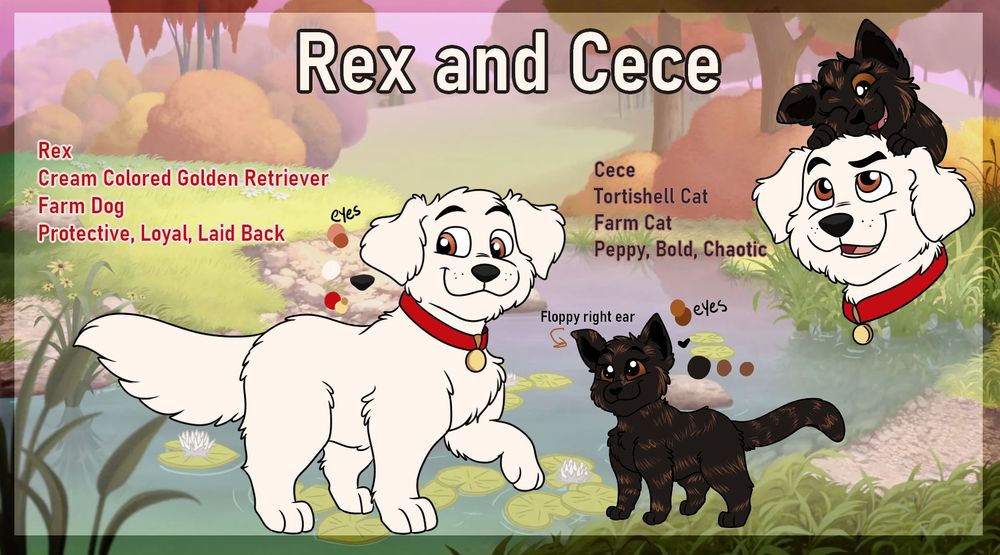 A reference of my characters Rex the Dog and Cece the cat, based off of plushies I own. 