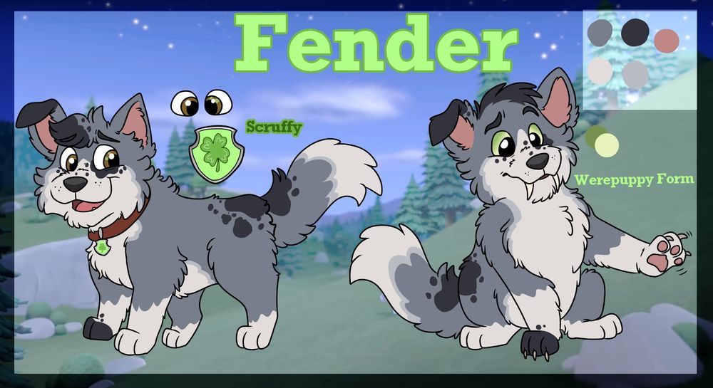 A reference sheet of my original PAW Patrol character Fender, the son of Rocky (Recycle pup) and Gasket (dog antagonist in show). He has a streak of bad luck that seemingly never ends and like his dad has a werewolf form. 