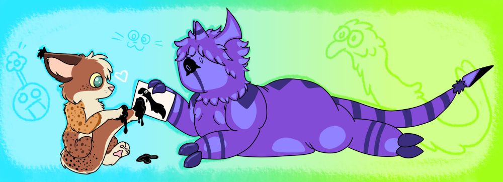 Kenneth (lynx calico cat to the left) is being baby sat by Gaol shapeshifter  monster who uses their tail to draw. Kenneth also loves to draw. Kenneth somehow convinces Gaol to let him try out dipping his tail tip in ink just like them. 