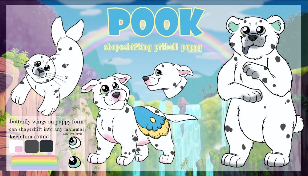 A reference of my character based off of a dog named Pook. He has butterfly wings and can transform into any mammal, his seal and polar bear form are pictured. 