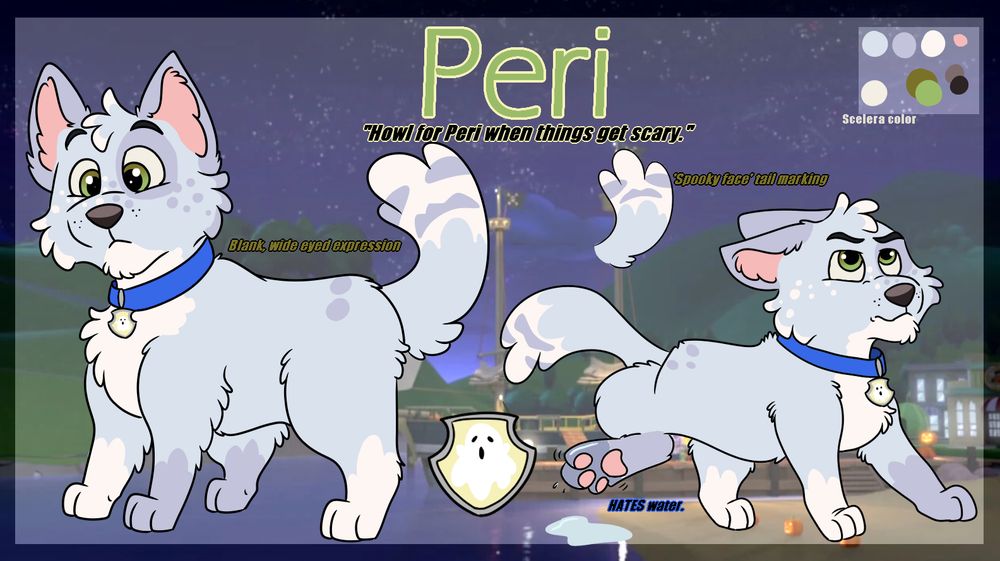 A reference sheet of my PAW Patrol character, Peri, the son of Rocky (Recycle pup) and Gasket (husky antagonist). He is an odd boy with a facination with the paranormal. 