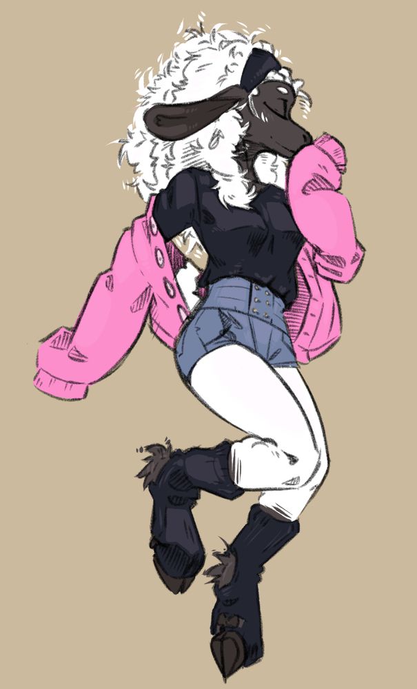 Angela the sheep in high waisted short shorts, a tucked in t-shirt, a very baggy jacket, and big socks.