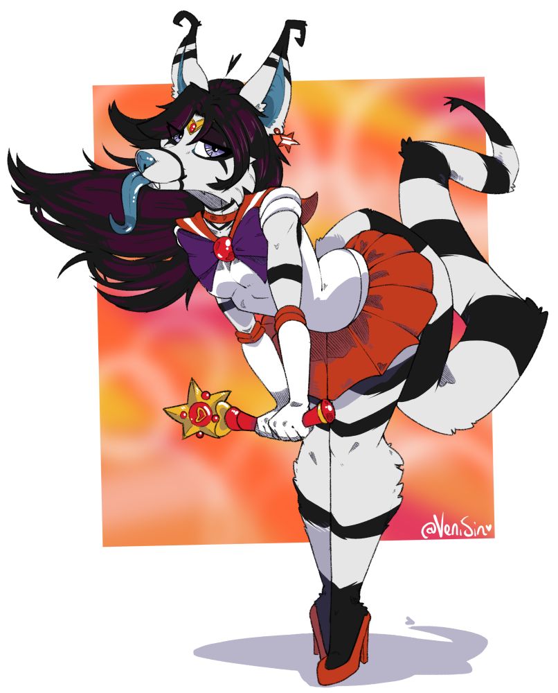 Kruel the crux in the outfit of sailor mars leaning forward and looking at the viewer.