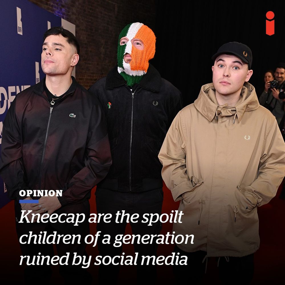 Text reads: OPINION Kneecap are the spoilt children of a generation ruined by social media. Photo of Kneecap