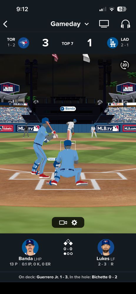 The MLB At Bat app's 3D mode showing the catcher as a batter: batting helmet and bat and all