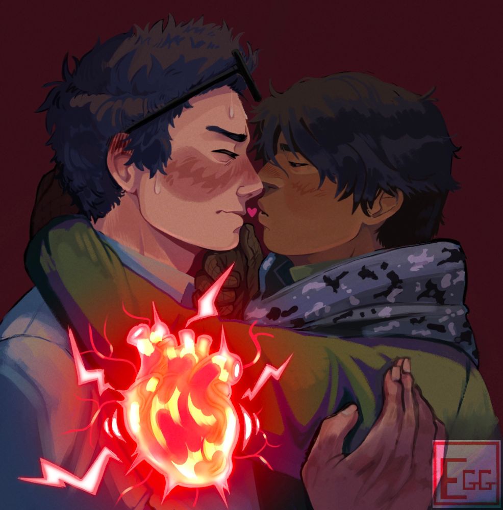 A digital drawing of Dwight Fairfield and Jake Park from the game Dead by Daylight. The drawing shows Jake going in for a kiss with a arm behind Dwight's neck pulling him in and his other hand/arm grabbing onto dwight's chin, finger slightly on Dwight's bottom lip. Dwight is holding onto the arm that is grabbing him by the neck. Jake has his lips puckered with his eyes closed. Dwight also has his eyes closed, with a nervous expression. This is shown by the sweat beads on his face, the wavy mouth line and intense blush. In front of dwight, there is a heart that represents the visual heart/ heart beat in-game.