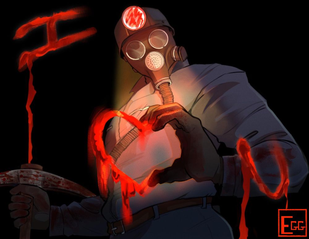 A digital drawing of Harry Warden from the movie My Bloody Valentine. He stands with his mining axe in hand while his other is cupped to make half of a heart. He is completing the drawn on heart in front of him. It is drawn on with blood. There are more bloody letters making the sentence " I <3 U".