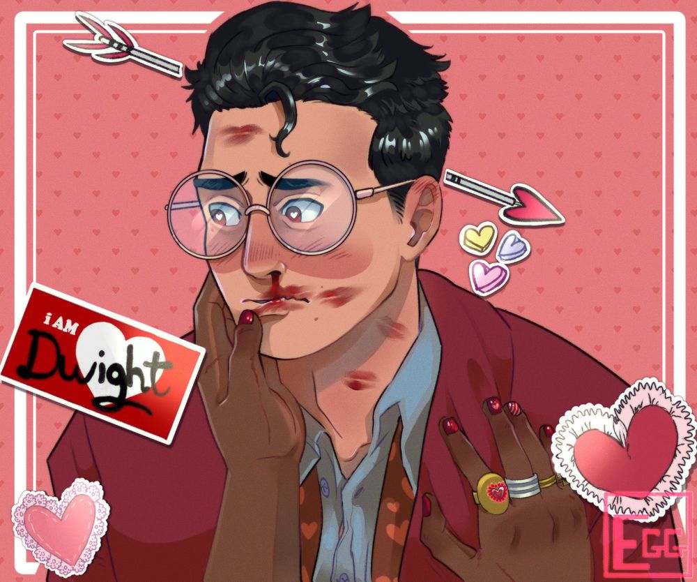 A digital drawing of Dwight from the video game DBD. It features dwight with his valentine's day skin (round pink glasses, white dress shirt with a couple of the top button undone with a loose tie covered with hearts, and a red knitted sweater). Dwight looks to the side, blushing with (jake's) hands on him, one on his face and on his chest. He is bleeding from his nose. Some of the blood has been wiped across his lip and has lip marks created from the blood on his face and neck. The image is covered with some stickers (hearts. arrow, and name tag).