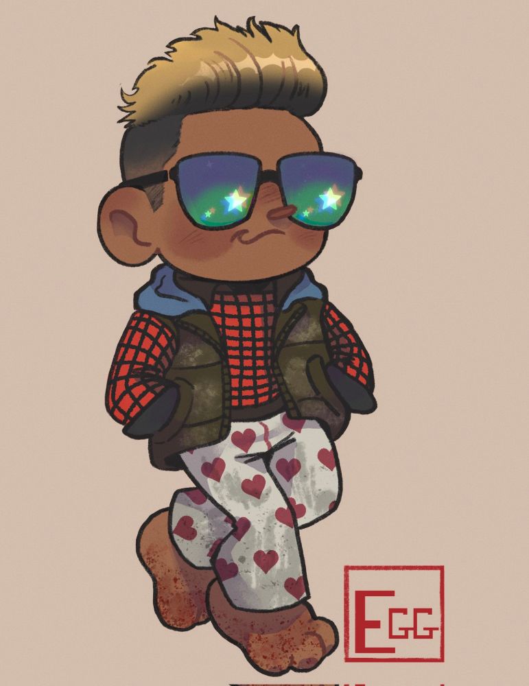 A digital drawing of Jake Park from the video game Dead by Daylight. He stands with one leg up, leaning a bit back with hands in his vest pockets. He wears sunglasses, vest, long sleeve flannel and white pjs with hearts. His hair is faded on the sides with longer bleached hair on the top. He has a smirk on his face.