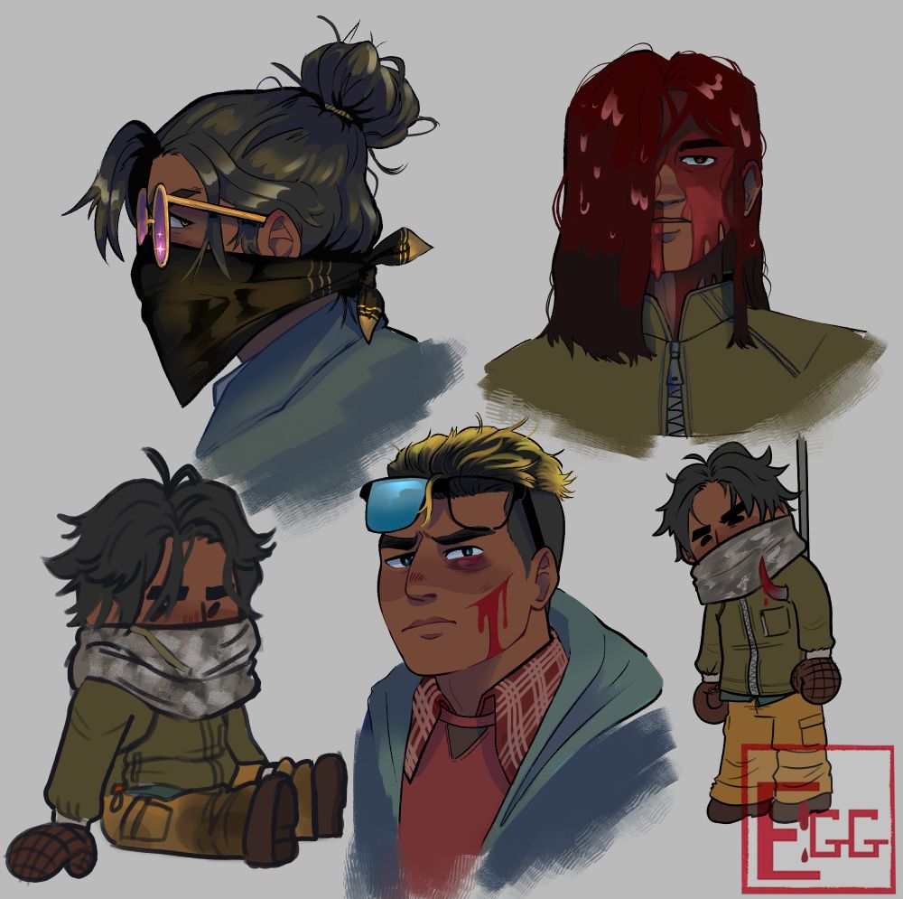 A digital drawing of three busts of Jake Park from the video game Dead by Daylight. The bust on the top left has him with his hair tied up in a bun, long side bangs with some tucked behind his ear. 
He has golden frame glasses on with purple/pink-ish lens. He has on a black bandana over his face like a mask. He has on a light blue coat/top. The bust on the top right shows him with long hair. His hair and face are wet from blood that looks like it was dumped over his head. He wears a green-yellow coat. The last bust he has his hair cut very short with a side fade and bleached tips on top of his head. He has glasses on pushed up to his hair, the black frame glasses are broken with one broken blue lens. He has a black eye and a cut that is bleeding on his cheek. He wears a red sweat shirt with a red flannel shirt under. On top he wears a blue jacket.  The drawing also includes two chibi drawings of jake. The one on the left is sitting down and the right one has him hanging from his shoulder on a hook.