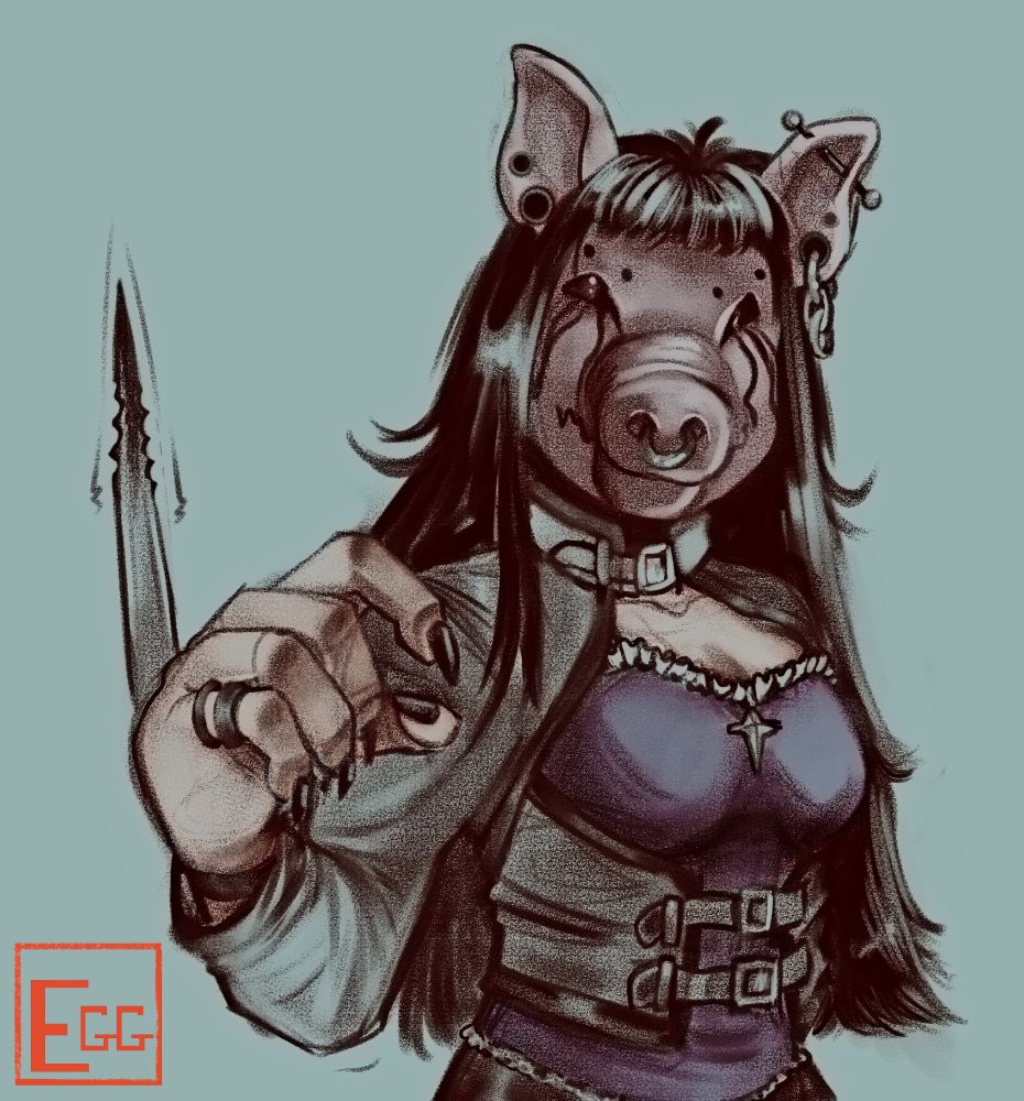 A sketchy digital drawing of Amanda Young / the Pig from Saw and Dead by Daylight. 