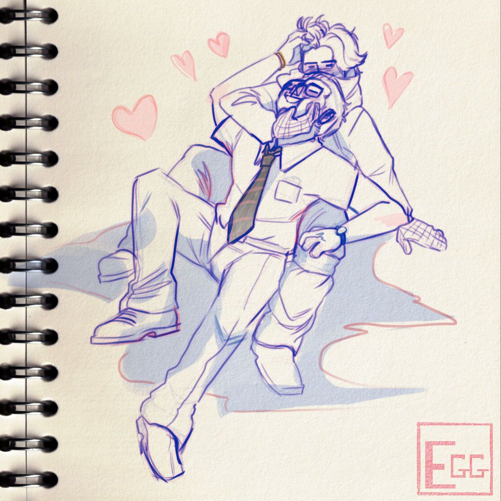 A digital drawing of Jake Park and Dwight Fairfield from the video game Dead by Daylight. Dwight is laying back on jake between his legs, reaching up with one hand in jake's hair. The other hand rests on jake's knee. Jake is leaning back on one arm while the other is wrapped  around dwight's neck, hand grabbing onto dwight's face. There are hearts around them.