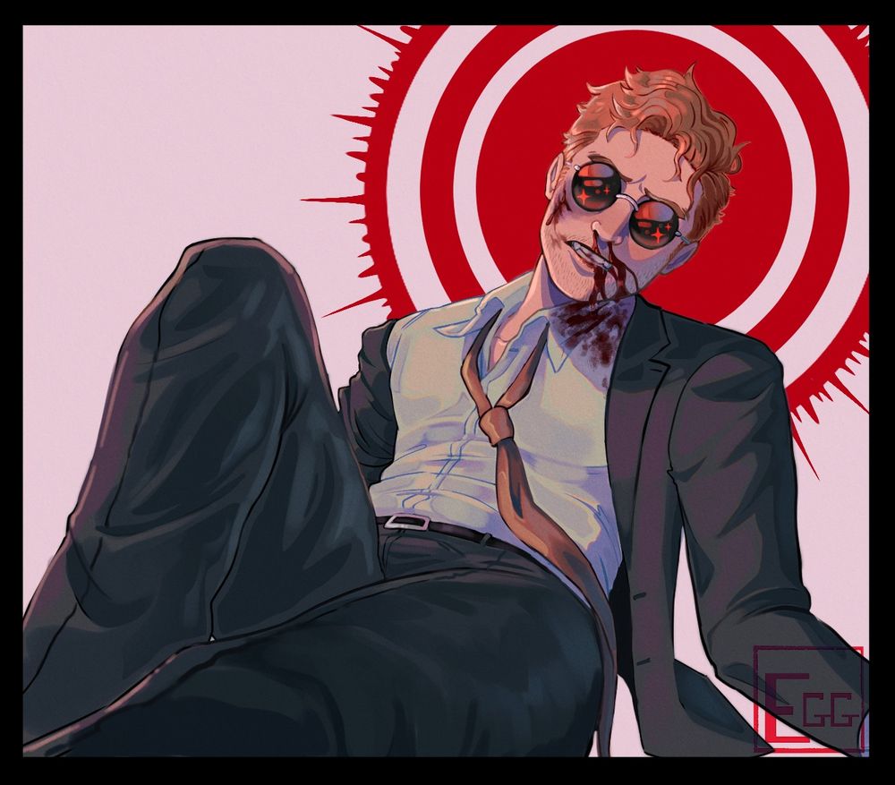 A digital drawing of Matt Murdock from Daredevil (comics). He's depicted laying down, bruises and cuts on his face. There is blood flowing from his nose and mouth, staining the collar and top of his white button up shirt. He looks ruffled up with his button up shirt un-button from the top, his tie loose, and his suit jacket falling off his right shoulder. Behind his head he has a red circle design that looks like a halo and target.