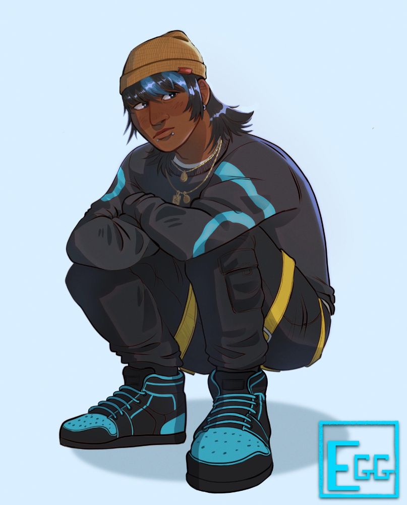 A digital drawing of Jake Park from the video game Dead By Daylight. The drawing depicts Jake crouched, arms crossed resting on his knees. He is wearing his Days Gone By outfit (Beanie, silver earring on the left ear, two golden chains/ necklaces, sweater with designs on the upper arms, cargo pants with straps on the thighs, and high top shoes) with an added feature of snake bites which is not included in the original outfit.