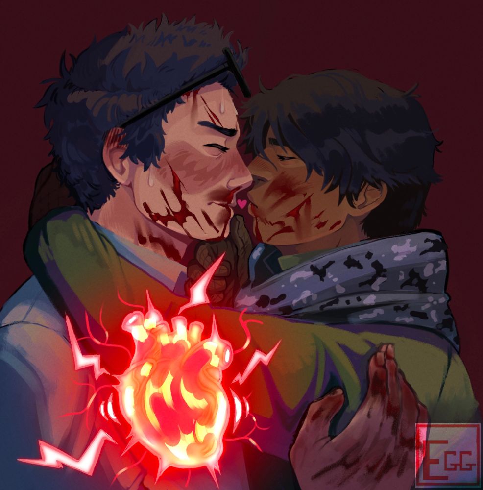 This digital drawing is similar to the first. The only difference is this one has blood and cuts on Dwight's and Jake's face and on Dwight's hand,
